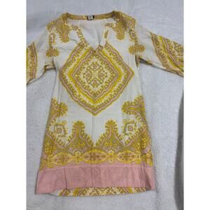 J.Crew Linen Cotton Boho Tunic Dress Yellow Pink Medallion Print Size 10 Coastal